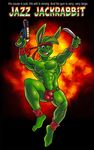  2011 abs anthro blaster blue_eyes buckteeth bulge clothed clothing explosion front_view full-length_portrait green_body green_hair gun hair headband holding_object holding_weapon jazz_jackrabbit jazz_jackrabbit_(series) knife lagomorph lapinbeau looking_at_viewer male mammal muscular muscular_male pecs pink_nose portrait rabbit ranged_weapon smile solo teeth topless underwear weapon 