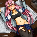  akashi_(kantai_collection) bandeau bdsm blue_skirt blush bondage bound bound_wrists breasts cleavage commentary_request cy301 desk green_eyes hair_ribbon hip_vent kantai_collection long_hair long_sleeves looking_at_viewer lying navel on_back on_desk open_clothes panties pink_hair pleated_skirt restrained ribbon rope school_uniform serafuku skirt solo strapless tears thighhighs tress_ribbon tubetop underwear white_panties 