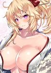  alternate_costume blonde_hair breasts cleavage highres iowa_(kantai_collection) japanese_clothes kantai_collection kimono large_breasts off_shoulder open_clothes open_kimono purple_eyes sankakusui smile solo star star-shaped_pupils symbol-shaped_pupils 