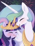  2017 blush duo equine eyes_closed feathered_wings feathers female feral fireworks friendship_is_magic hair hi_res horn long_hair mammal momomistress multicolored_hair my_little_pony open_mouth open_smile princess_celestia_(mlp) smile twilight_sparkle_(mlp) white_feathers winged_unicorn wings 