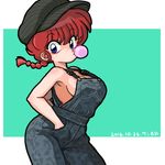  2016 artist_name bangs black_hat blue_eyes braid breasts bubble_blowing cabbie_hat chewing_gum cleavage cowboy_shot dated from_side genderswap genderswap_(mtf) hands_in_pockets hat looking_at_viewer medium_breasts no_shirt overalls ranma-chan ranma_1/2 red_hair saotome_ranma short_hair sideboob signature single_braid solo standing wanta_(futoshi) 