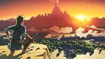 bird blonde_hair cliff forest from_behind highres knee_up link mountain nature official_art pointy_ears ponytail scenery short_ponytail solo squatting sun sunset sword the_legend_of_zelda the_legend_of_zelda:_breath_of_the_wild tree volcano weapon 