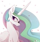  2016 equine feathered_wings feathers female feral friendship_is_magic hair hi_res horn long_hair looking_at_viewer mammal mask momomistress multicolored_hair my_little_pony princess_celestia_(mlp) purple_eyes simple_background smile solo white_background white_feathers winged_unicorn wings 