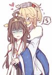  &gt;_&lt; :d ahoge bad_anatomy bad_hands bare_shoulders blonde_hair brown_hair closed_eyes commentary dollar_sign furisode hairband hat heart heart_ahoge height_difference hug hug_from_behind iowa_(kantai_collection) japanese_clothes kantai_collection kimono kongou_(kantai_collection) kvlen multiple_girls nontraditional_miko open_mouth ponytail sketch skirt smile spoken_dollar_sign turn_pale wide_sleeves xd yuri 