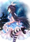  alice_in_wonderland bad_id bad_pixiv_id black_hair blue_eyes breasts bunny card checkered checkered_background gorua_(youce01) long_hair medium_breasts original playing_card silhouette solo striped striped_legwear thighhighs very_long_hair 