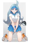  aqua_eyes aqua_hair between_legs boots breasts buttons commentary_request crop_top crop_top_overhang elite_four full_body golf_club hat highres holding_golf_club kahili_(pokemon) kamameshi_gougoumaru kneeling large_breasts legs long_hair looking_at_viewer midriff miniskirt mole mole_under_eye navel pokemon pokemon_(game) pokemon_sm shirt short_sleeves simple_background skirt solo stomach striped striped_shirt visor_cap white_background 
