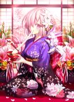  ahoge animal animal_on_shoulder architecture black_kimono blue_kimono blush bowl cherry_blossoms chopsticks commentary_request east_asian_architecture eating fate/grand_order fate_(series) floral_print flower food fou_(fate/grand_order) from_side full_body hair_flower hair_ornament hair_over_one_eye japanese_clothes kadomatsu kimono looking_at_viewer mash_kyrielight md5_mismatch mochi multicolored multicolored_clothes multicolored_kimono new_year obi on_shoulder petals pink pink_flower pink_hair purple_eyes red_carpet sash seiza shinooji short_hair sitting sliding_doors tree white_flower wide_sleeves yellow_flower zouni_soup 