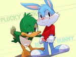  anthro avian barefoot bent_over bird blush buckteeth buster_bunny clothed clothing cute duck english_text erection feathers fur gloves lagomorph long_ears looking_at_viewer male male/male mammal money nelson_(artist) nude pawpads paws penis plucky_duck rabbit shirt smile standing teeth text tiny_toon_adventures tongue tongue_out warner_brothers webbed_feet young 
