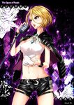  absurdres bad_hands bad_link bare_arms belt black_belt black_jacket black_shorts blonde_hair breasts covered_nipples cowboy_shot crop_top earrings echizen_murasaki eyelashes fingernails groin hair_between_eyes highres holding holding_microphone holding_microphone_stand jacket jacket_on_shoulders jewelry lace_border leather lowleg lowleg_shorts medium_breasts microphone microphone_stand midriff multicolored_hair nail_polish navel necklace noah_(yakumo3903) open_clothes open_jacket purple_background purple_eyes ring sharp_fingernails shiny shiny_clothes shirt short_hair short_shorts shorts side-tie_shorts side_cutout simple_background solo standing tokyo_7th_sisters twitter_username two-tone_hair very_long_fingernails vintage_microphone white_shirt 