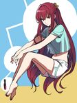  alternate_costume alternate_hairstyle barefoot casual crop_top crop_top_overhang fate/grand_order fate_(series) full_body hair_ornament highres long_hair midriff nail_polish nail_polish_bottle navel red_eyes red_hair scathach_(fate)_(all) scathach_(fate/grand_order) shimo_(s_kaminaka) shorts solo toenail_polish very_long_hair 