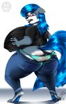  big_breasts big_butt blue_hair blush breasts butt canine clothing cloud_(frimbobbar) ear_piercing female frimbobbar fur grey_fur hair jeans looking_back mammal panties pants piercing shirt simple_background sweat underwear voluptuous white_background wolf 