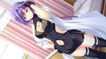  bed belly_peek boots breasts cleavage_cutout game_cg gloves gouji_sakura hand_on_hip hatsujou_switch hospital_bed labcoat large_breasts navel navel_cutout purple_hair red_eyes solo tamahiyo thigh_boots thighhighs 
