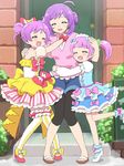  3girls ahoge bare_shoulders blush bow breasts door dress gothic_lolita hair_ornament hug loli long_hair manaka_lala manaka_non mother_and_daughter multiple_girls open_mouth ponytail pripara purple_hair ribbon shiny_hair shoes short_shorts shorts sisters skirt slippers smile socks thighhighs twintails zettai_ryouiki 