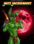  2011 abs anthro blaster blue_eyes buckteeth bulge carrot clothed clothing food front_view green_body green_hair gun hair headband holding_object holding_weapon jazz_jackrabbit jazz_jackrabbit_(series) lagomorph lapinbeau looking_at_viewer male mammal moon muscular muscular_male pecs pink_nose portrait poster rabbit ranged_weapon smile solo space standing teeth three-quarter_portrait topless underwear vegetable weapon 