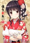  2017 animal bangs beak bird blush brown_eyes chicken chinese_zodiac closed_mouth eyebrows_visible_through_hair eyelashes feathers fingernails floral_background flower hair_flower hair_ornament highres holding holding_animal hyuuga_azuri japanese_clothes kanzashi kimono long_hair long_sleeves new_year original ponytail rooster sash shiny shiny_skin sidelocks solo tareme translation_request tsumami_kanzashi upper_body wavy_hair wide_sleeves year_of_the_rooster 