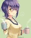  alternate_costume blush breasts cleavage coffee coffee_mug contemporary cup eyepatch green_background hair_over_one_eye highres kantai_collection kotobuki_(momoko_factory) large_breasts long_sleeves looking_at_viewer mug no_headwear purple_hair ribbed_sweater ring_necklace short_hair simple_background sleeves_past_wrists smile solo steam sweater tenryuu_(kantai_collection) translated twitter_username yellow_eyes 