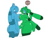  2016 alternate_color anabelle anthro anthrofied bellaria big_breasts blue_body blue_hair blush breast_squish breasts bronzong butt dialogue duo english_text eyes_closed fan_character female female/female flare-zen green_body green_hair hair huge_breasts long_hair navel nintendo nude pok&eacute;mon pok&eacute;morph side_boob side_view simple_background speech_bubble text thick_thighs video_games white_background wide_hips 