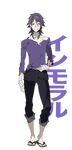  1boy ahoge background_text bandage earrings flip-flops frown green_eyes hisomu_yoshiharu japanese jeans kiznaiver looking_at_viewer male_focus official_art piercing purple_hair shiny_hair shoes solo t-shirt torn_clothes transparent_background yoneyama_mai 
