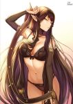  1girl bangs bare_shoulders black_bra black_hair black_panties bow bow_bra bra breasts bridal_gauntlets choker cleavage collarbone commentary_request cowboy_shot detached_sleeves elf eyebrows_visible_through_hair fate/apocrypha fate/grand_order fate_(series) gradient gradient_background hair_between_eyes lace lace-trimmed_thighhighs large_breasts lingerie long_hair looking_at_viewer mashu_003 navel open_mouth panties pink_background pointy_ears revision ribbon-trimmed_bra semiramis_(fate) signature simple_background solo spikes thighhighs thighs title underwear underwear_only very_long_hair white_background yellow_background yellow_eyes 