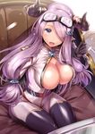  :d alternate_costume arm_support black_legwear blue_eyes breasts bursting_breasts cleavage_cutout draph from_above goggles granblue_fantasy hair_ornament hair_over_one_eye horns impossible_clothes large_breasts lavender_hair lips long_hair narmaya_(granblue_fantasy) no_bra ono_misao open_mouth pointy_ears sidelocks sitting skindentation smile solo spandex thighhighs tongue very_long_hair 