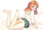  arm_support ass bangs bare_legs barefoot blouse blunt_bangs commentary_request feet from_behind full_body girls_und_panzer glasses green_skirt long_hair long_sleeves looking_at_viewer looking_back lying miniskirt neckerchief no_legwear on_stomach ooarai_school_uniform open_mouth orange_eyes orange_hair panties pleated_skirt red-framed_eyewear school_uniform semi-rimless_eyewear serafuku simple_background skirt smile soles solo subachi takebe_saori toes trefoil under-rim_eyewear underwear white_background white_blouse white_panties 