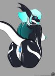  2016 anthro big_breasts black_skin blue_eyes blue_hair breasts butt cetacean doomthewolf dragon eyewear female hair hybrid looking_at_viewer mammal marine nipples nude open_mouth orca penelope rainbowscreen simple_background smile solo whale wings 