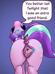  10art1 2017 anus butt clitoris cutie_mark dialogue dock english_text equine female feral friendship_is_magic glowing hair hi_res horn looking_at_viewer looking_back magic mammal multicolored_hair my_little_pony pussy rear_view solo starlight_glimmer_(mlp) text two_tone_hair unicorn 