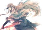  black_eyes blue_eyes brown_hair hair_over_one_eye izumi-no-kami_kanesada japanese_clothes long_hair male_focus muku_(pixiv3207772) muted_color open_mouth simple_background smile solo sword touken_ranbu very_long_hair weapon white_background 