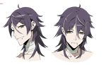  1boy ahoge bandage bangs collarbone concept_art earrings green_eyes hisomu_yoshiharu kiznaiver male_focus official_art piercing portrait purple_hair smile solo transparent_background yoneyama_mai 