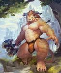  4_toes abs anthro belly biceps big_biceps black_nose brown_hair bulge charr claws clothed clothing detailed_background fangs feline fur grass guild_wars hair hammer holding_object horn loincloth male mammal melee_weapon muscular muscular_male null-ghost orange_eyes pecs sharp_teeth solo spread_legs spreading standing stripes teeth toes tools topless tree video_games weapon 