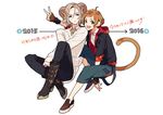 2015 2016 2boys :d ahoge animal_ears ankle_boots belt belt_boots belt_buckle between_legs black_footwear black_jacket black_pants blue_pants boots bow bowtie brown_footwear brown_gloves brown_hair buckle capri_pants chinese_zodiac collared_shirt crossed_ankles dress_shirt earrings ebira fingerless_gloves fingernails full_body gloves hair_between_eyes hand_between_legs hood hood_down hooded_jacket horns invisible_chair jacket jewelry knees_up long_sleeves looking_at_viewer male_focus monkey_ears monkey_tail multiple_boys necktie new_year number open_mouth original outstretched_arm pants personification pink_bow pink_neckwear print_pants self_hug sheep_horns shirt shoes silver_hair simple_background sitting sleeves_past_wrists sleeves_rolled_up smile stitches striped striped_neckwear stud_earrings suspenders sweater tail teeth tongue v white_background white_shirt white_sweater year_of_the_goat year_of_the_monkey 