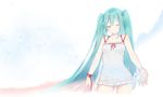  arm_ribbon breasts closed_eyes collarbone cowboy_shot dress fhang frilled_dress frills green_hair hair_between_eyes hatsune_miku light_particles long_hair medium_breasts parted_lips red_ribbon ribbon sleeveless sleeveless_dress solo twintails very_long_hair vocaloid white_background white_dress 