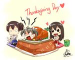  3girls akagi_(kantai_collection) artist_request crying food kaga_(kantai_collection) kotatsu multiple_girls pillow table thanksgiving turkey_(food) zuikaku_(kantai_collection) 