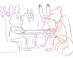  2017 anthro canine clothed clothing crossed_arms disney erection father female foot_fetish footjob fox group judy_hopps lagomorph male mammal nick_wilde pants_down parent partially_clothed penis public rabbit restricted_palette sex simple_background sitting smile stealth_sex stu_hopps table tggeko under_table white_background young zootopia 
