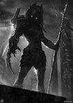  breasts gauntlets glowing glowing_eyes greyscale helmet large_breasts lightning mask monochrome monster_girl predator predator_(movie) predators rain solo storm weapon xiaoguimist 