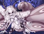  1girl antennae arms_at_sides breasts camel_(dansen) cave cleavage dgallon evil_smile mon-musu_quest! monster_girl moth moth_girl multiple_arms navel nude purple_eyes purple_sclera purple_skin satania_(mon-musu_quest!) silver_hair smile wings 