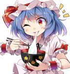  ;d blue_hair blush bowl chopsticks dress e.o. eating fingernails food hat highres mob_cap mochi mochi_trail one_eye_closed open_mouth red_eyes remilia_scarlet sharp_fingernails short_hair smile solo touhou wagashi white_background wrist_cuffs 