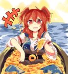  1girl :d blush boat coin fang looking_at_viewer onozuka_komachi open_mouth red_eyes red_hair short_hair sitting smile solo to-den_(v-rinmiku) touhou two_side_up v-shaped_eyebrows water watercraft 
