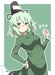  :/ blush breasts covered_navel dress electricity ghost_tail green_dress green_eyes green_hair hand_on_hip hat highres kz_oji looking_at_viewer short_hair small_breasts soga_no_tojiko solo tate_eboshi touhou v-shaped_eyebrows 
