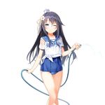  ;) arm_at_side bangs black_hair blue_eyes blue_neckwear blue_swimsuit blush breasts closed_mouth collarbone covered_navel crown emma_beauty flower hair_between_eyes hair_flower hair_ornament hair_ribbon hand_up holding holding_hose legs_together light_smile long_hair looking_at_viewer mini_crown neckerchief nekomu official_art old_school_swimsuit one-piece_swimsuit one_eye_closed ribbon school_swimsuit school_uniform see-through serafuku shirt short_sleeves sidelocks small_breasts smile solo spraying standing straight_hair swimsuit swimsuit_under_clothes thigh_gap tied_shirt transparent_background uchi_no_hime-sama_ga_ichiban_kawaii very_long_hair water wet wet_clothes wet_shirt wet_swimsuit white_flower white_shirt yellow_ribbon 