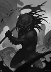  battle glowing glowing_eyes greyscale holding holding_weapon monochrome no_headwear no_helmet no_mask predator predator_(movie) predators scar scar_across_eye tail teeth weapon xenomorph xiaoguimist 