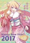  2017 :d alicia_(kagawa_yuusaku) animal_print arrow artist_name bag bangs bird blonde_hair blue_eyes chick chinese_zodiac commentary cowboy_shot dutch_angle english floral_print fur_collar green_background hair_between_eyes hair_ornament hamaya handbag happy_new_year highres holding holding_arrow holding_bag japanese_clothes kagawa_yuusaku kimono long_hair looking_at_viewer new_year obi open_mouth original pink_kimono sash signature smile solo teeth translated twitter_username two_side_up year_of_the_rooster 