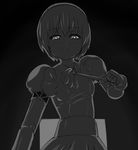  :3 android blush bow bowtie collared_shirt dorothy_(va-11_hall-a) eyebrows_visible_through_hair greyscale high-waist_skirt highres mechanical_arms monochrome naughty_face puffy_short_sleeves puffy_sleeves shirt short_hair short_sleeves skirt solmoniq solo tongue tongue_out va-11_hall-a wing_collar 