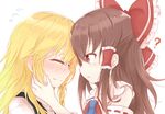  :o :| ? angry bare_shoulders blonde_hair blush bow braid brown_eyes brown_hair closed_eyes closed_mouth clueless commentary detached_sleeves face-to-face flying_sweatdrops forehead-to-forehead from_side hair_bow hair_tubes hakurei_reimu hand_on_another's_face highres kirisame_marisa long_hair multiple_girls no_hat no_headwear posuino_kuro-chan profile touhou v-shaped_eyebrows yuri 