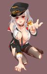  arm_support belt between_breasts black_hat black_jacket black_legwear black_neckwear black_skirt blush breasts brown_background choker cleavage collarbone epaulettes from_above full_body graf_zeppelin_(zhan_jian_shao_nyu) grey_hair hair_between_eyes hat jacket ji_ran large_breasts long_sleeves looking_at_viewer military military_uniform miniskirt navel necktie necktie_between_breasts outstretched_arm panties pantyhose peaked_cap red_eyes shirt simple_background sitting skirt solo thighband_pantyhose tongue tongue_out torn_clothes torn_legwear underwear uniform white_panties white_shirt zhan_jian_shao_nyu 