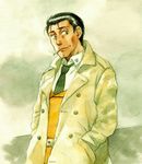  black_hair cigarette cloud gotou_kiichi hands_in_pockets kidou_keisatsu_patlabor male_focus necktie police police_uniform sky smoking solo traditional_media trench_coat uniform uniform_vest upper_body ususionorisio watercolor_(medium) 