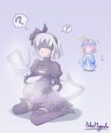  ? ^_^ artist_name black_dress black_footwear black_legwear blindfold bluemagenta boots cleavage_cutout closed_eyes confused cosplay covering_mouth dress fan full_body gloves hairband hat high_heel_boots high_heels hitodama holding holding_fan japanese_clothes juliet_sleeves konpaku_youmu konpaku_youmu_(ghost) laughing lips long_sleeves multiple_girls nier_(series) nier_automata parted_lips pink_hair puffy_sleeves saigyouji_yuyuko short_hair silver_hair simple_background sitting spoken_question_mark thigh_boots thighhighs touhou triangular_headpiece wariza yorha_no._2_type_b yorha_no._2_type_b_(cosplay) 