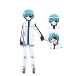  1boy aqua_hair bangs blush concept_art eyepatch full_body ijika_yuto long_sleeves male_focus official_art open_mouth pants sadakata_kikuko shiny_hair shoes smile solo sousei_no_onmyouji transparent_background yellow_eyes 