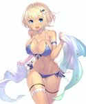  :d arm_strap armband ass_visible_through_thighs bangs bikini blonde_hair blue_bikini blue_eyes blush bob_cut breasts cleavage collarbone commentary covered_nipples cowboy_shot eyebrows eyebrows_visible_through_hair front-tie_top hair_between_eyes hair_ornament hand_up highres holding large_breasts looking_at_viewer nadare-san_(nadare3nwm) navel open_mouth original shawl short_hair side-tie_bikini simple_background smile solo strap_gap swimsuit thigh_gap thigh_strap white_background wrist_cuffs 