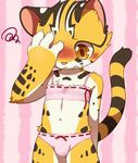  amber_eyes anthro black_fur blush bulge clothing cub embarrassed feline fur male mammal multicolored_fur navel ocelot pink_underwear raier simple_background striped_fur stripes underwear unrealplace white_fur yellow_fur young 